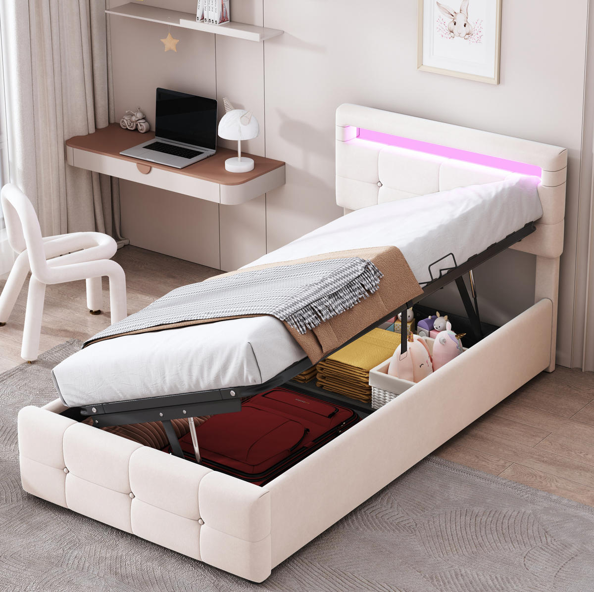 TAPECIRANI krevet 90/200 cm bež od baršuna s LED rasvjetom i prostorom za odlaganje - bež, tekstil (90/200cm) - OKWISH