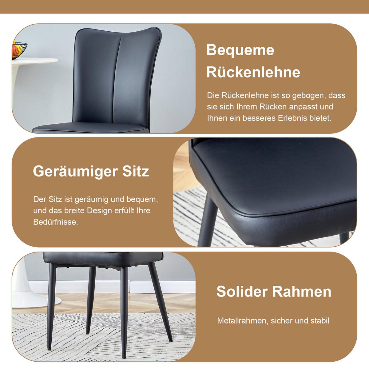ESSGRUPPE DE-39368 5-teilig, mit 4 PU-Stühlen und Glasplatte Braun/Schwarz - Schwarz, Metall (100/76/100cm) - ComfortXL
