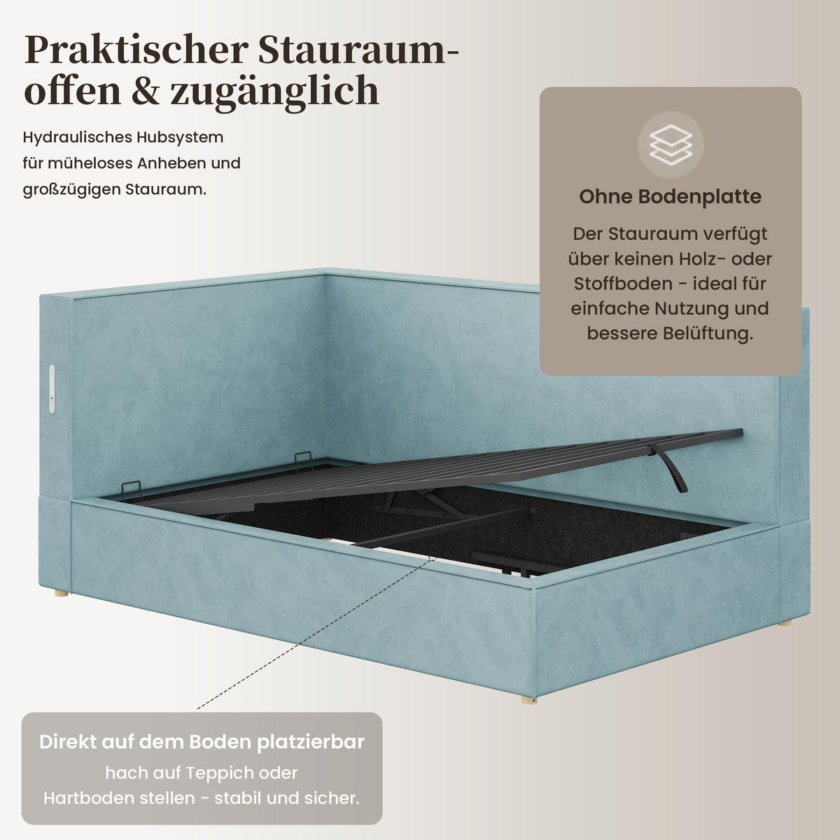 DAYBETT 90x200 cm, Blau, Samt, LED, USB/Typ-C - Blau, Textil (90/200cm) - FLIEKS