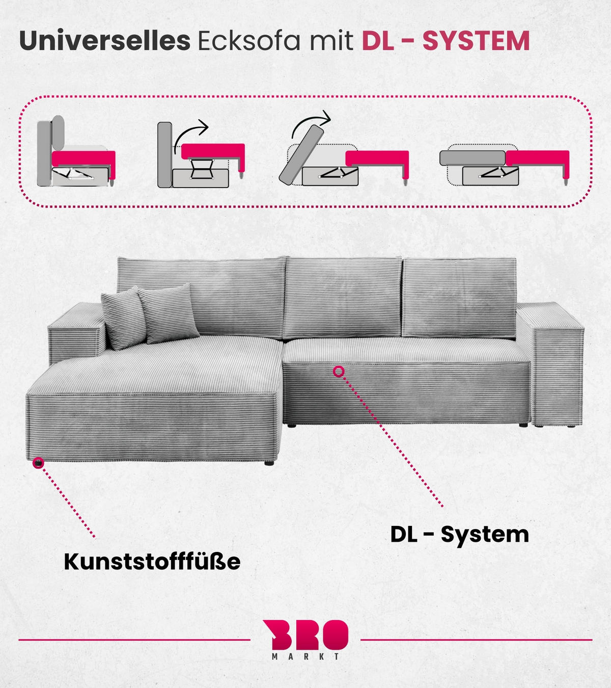 ECKSOFA Pablo mit Schlaffunktion Hellgrau Cord - Hellgrau, Textil (294/185cm) - Bromarkt