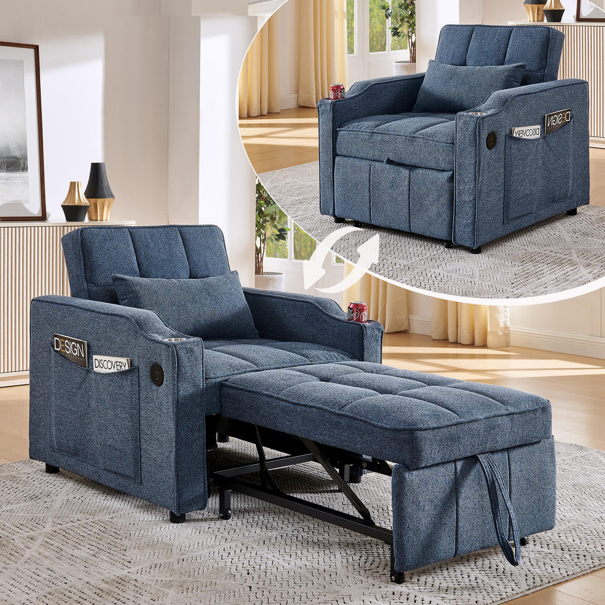 RELAXSESSEL 190/85/86 cm Marineblau mit USB-/Typ-C-Anschluss und Seitentasche - Dunkelblau, Textil (190/86/85cm) - Oxeza