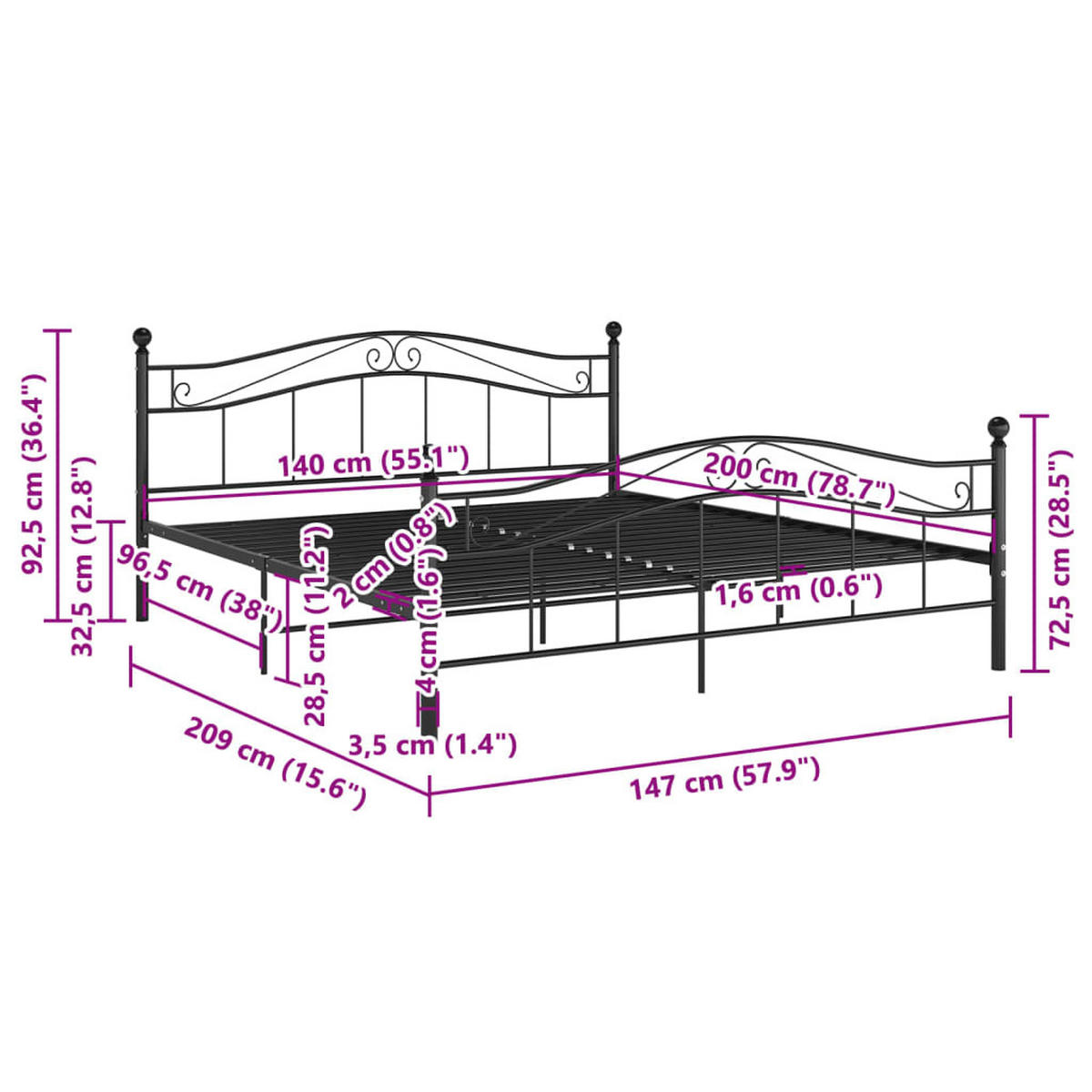 BETT Schwarz Metall 140/200 Cm - Schwarz, Metall (140/200cm) - vidaXL