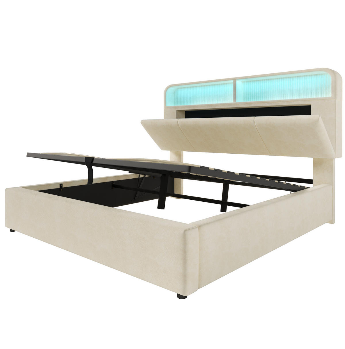POLSTERBETT mit Stauraum 180x200 cm Samt Beige mit LED & USB - Beige, Metall (180/200cm) - Meubliv