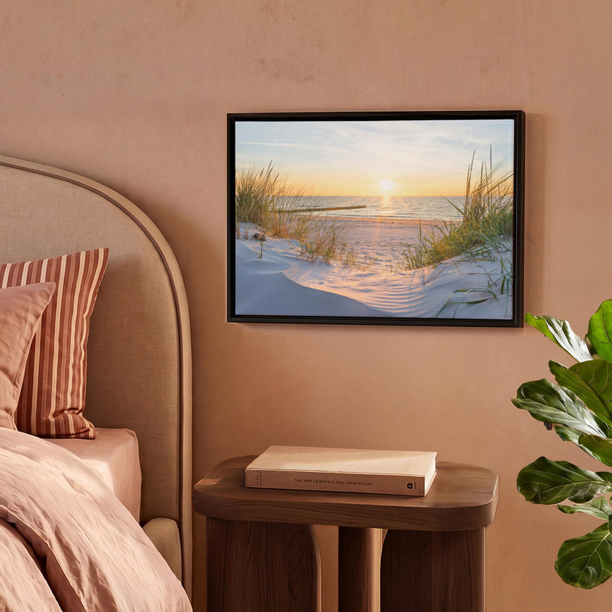LEINWAND Bilder mit Rahmen - Strand - Sonne - Düne - Gras - Sand - Horizont - 40x30 - Hellblau, Textil (40/30cm) - MuchoWow