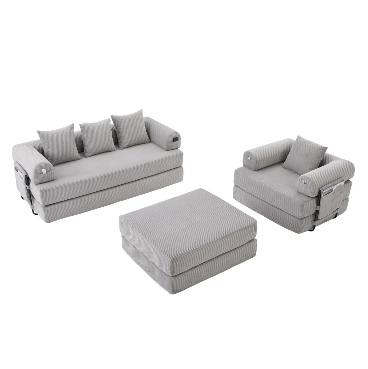 ECKSOFA aus Cord 200x94x67 cm Hellgrau mit Hocker, Metallrahmen und Seitentasche - Hellgrau, Textil (200/190cm) - Modfu