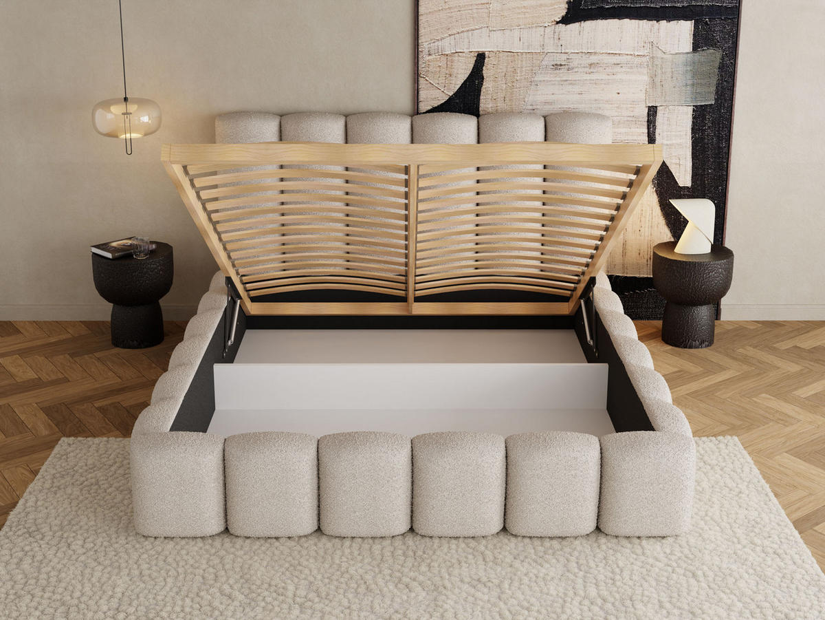 POLSTERBETT Serenity mit Bettkasten, Creme Boucle 140x200 cm - Birkefarben/Schwarz, Holz/Holzwerkstoff (140/200cm) - WFL GROUP