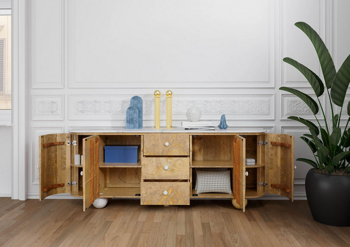 SIDEBOARD Mango 200x40x80 natur lackiert / Marmor weiß FLORENZ #122 - Braun, Holz (200/80/40cm) - Massivmoebel24
