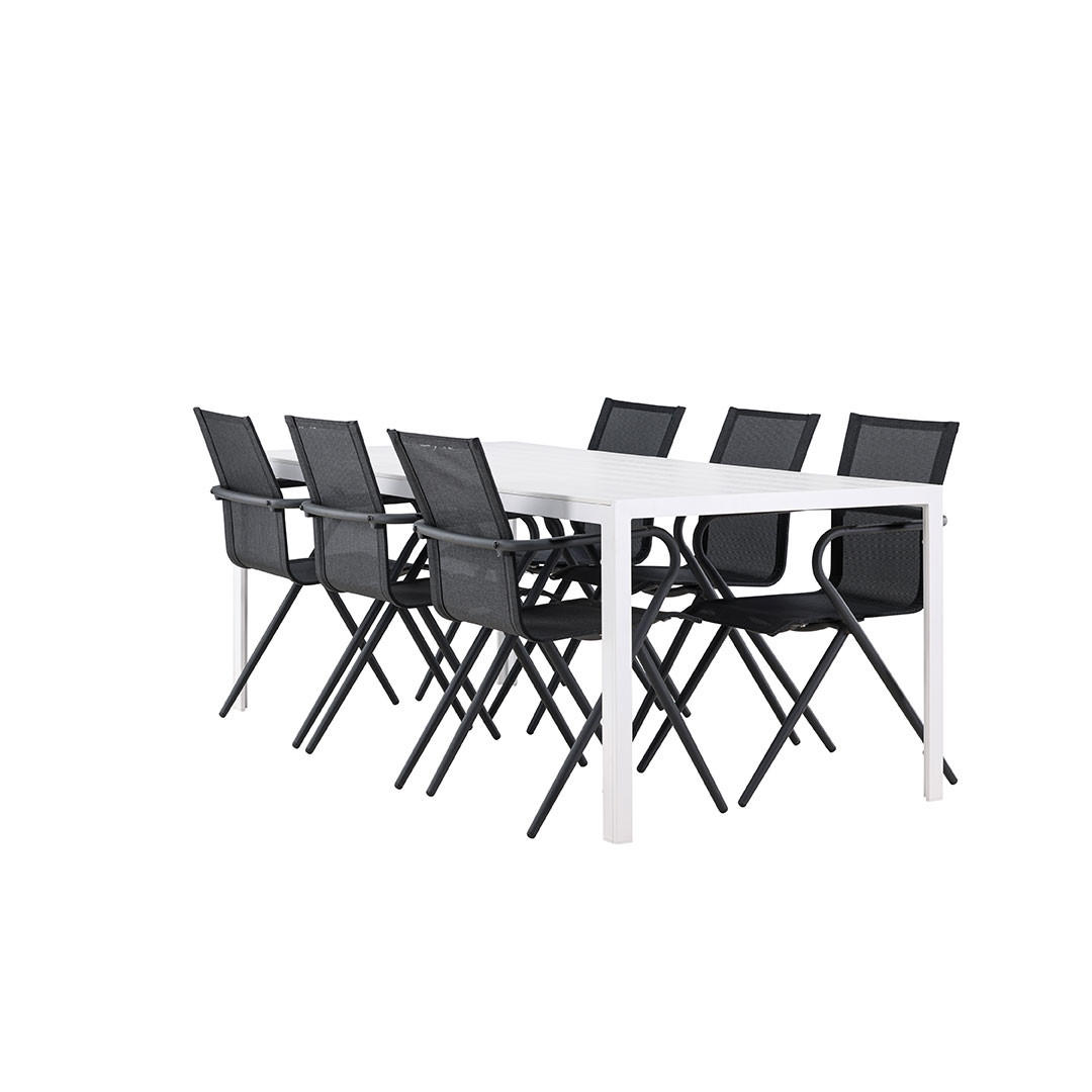 GARTENSET, Break, Tisch Weiß, Stühle Schwarz, Metall / Stoff, 90 x 205 x 75 cm, 7-teilig - Weiß, Metall - ebuy24