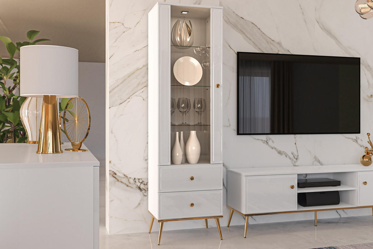 VITRINENSCHRANK ISORIA mit Beleuchtung, Glas Weiß - Goldfarben/Weiß, Holz/Metall (55/190/40cm) - KONSIMO®