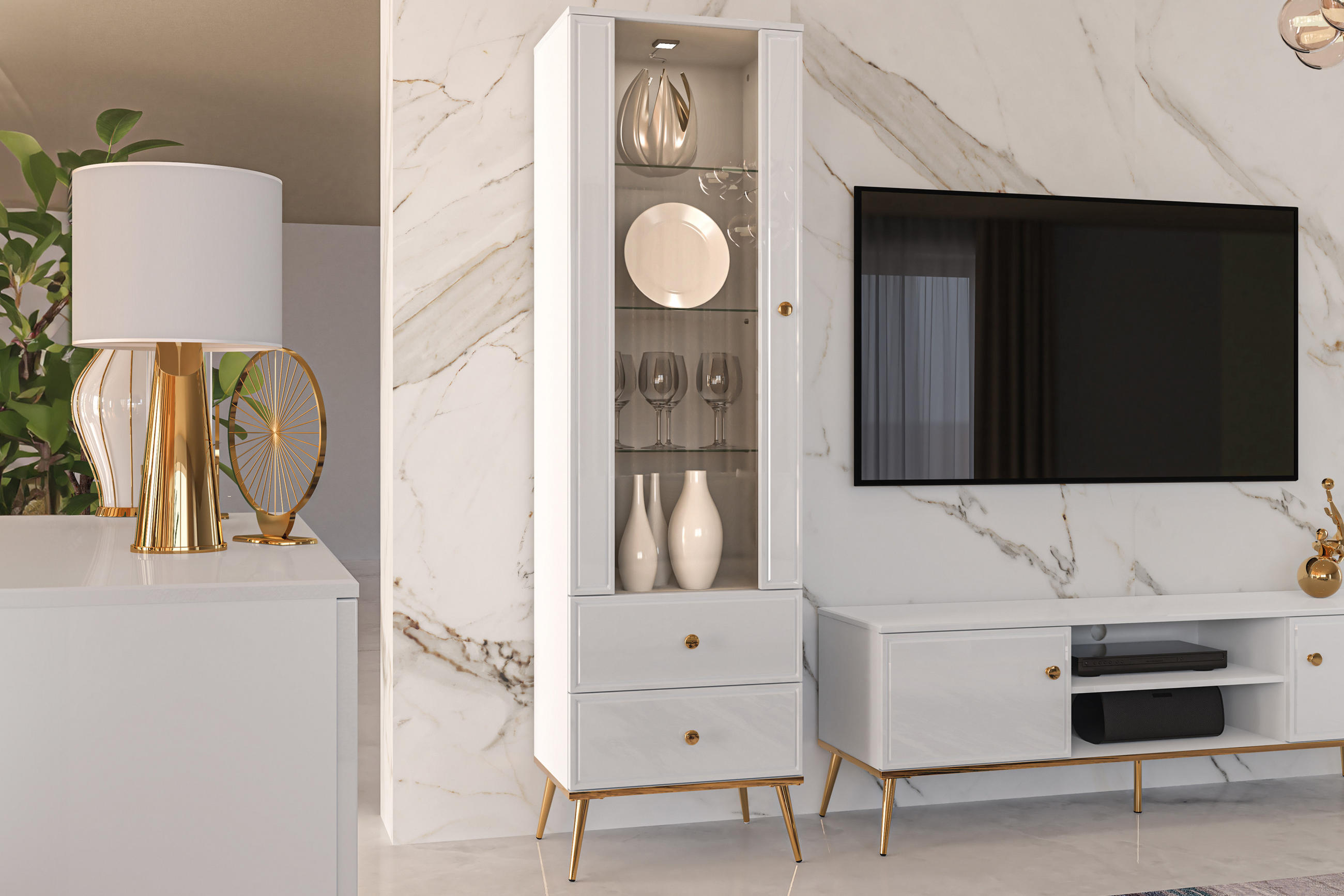 Thumbnail - Konsimo® Vitrinenschrank, Weiß, Holz, 2 Schubladen, Rechteckig, 55x190x40 cm, Hergestellt in Europa, Wohnzimmer, Wohnwän...