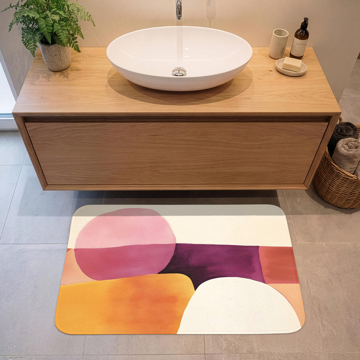 KOUPELNOVÁ PŘEDLOŽKA Tvary - abstraktní - barevné 90x60 cm - terakotová, textil/plast (90/60cm) - OnlyWow
