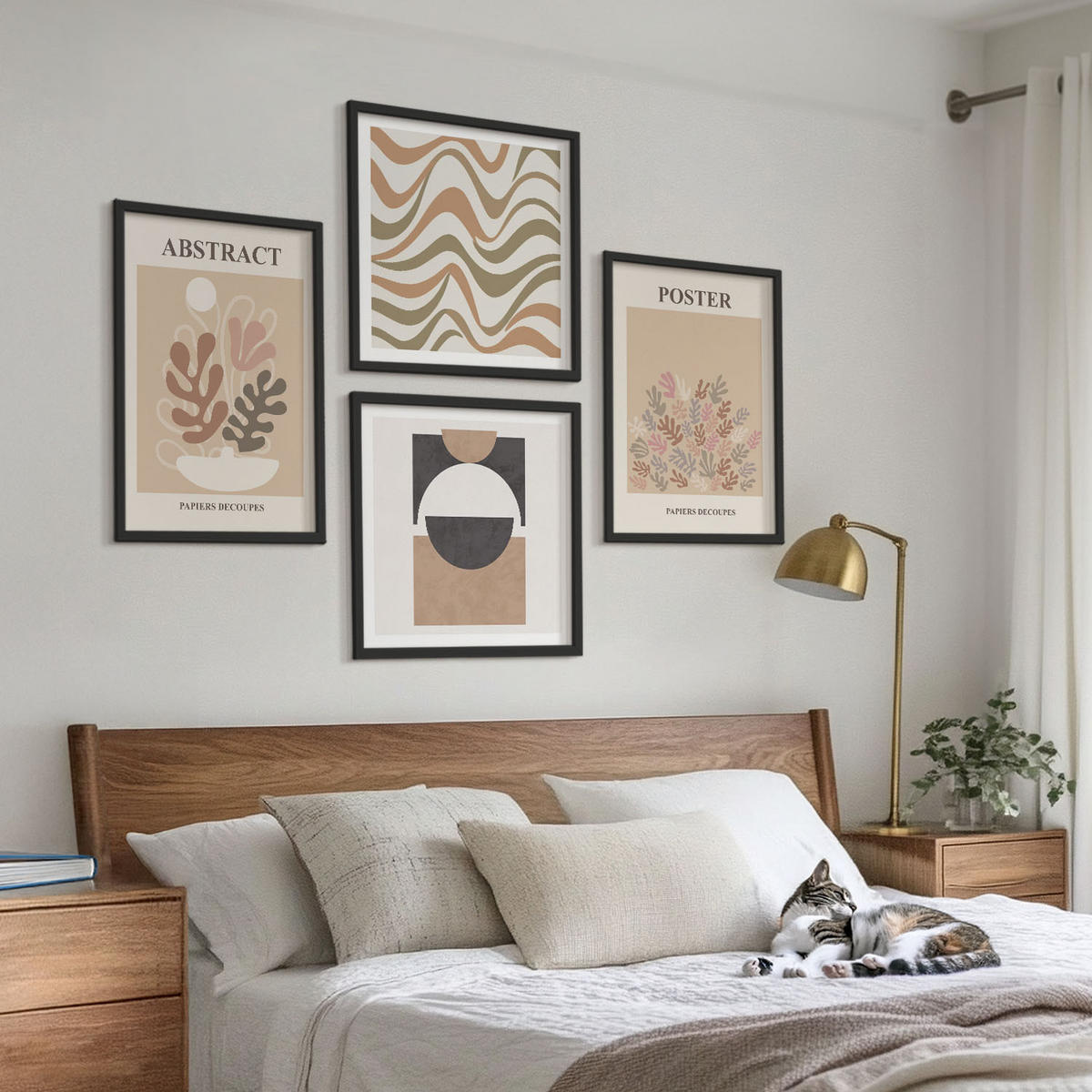 BILDER SET 4er Set - 50x50 cm & 40x60 cm Schwarzer Rahmen - Abstrakte Formenmuster - Schwarz, Kunststoff (50/50cm) - TULUP