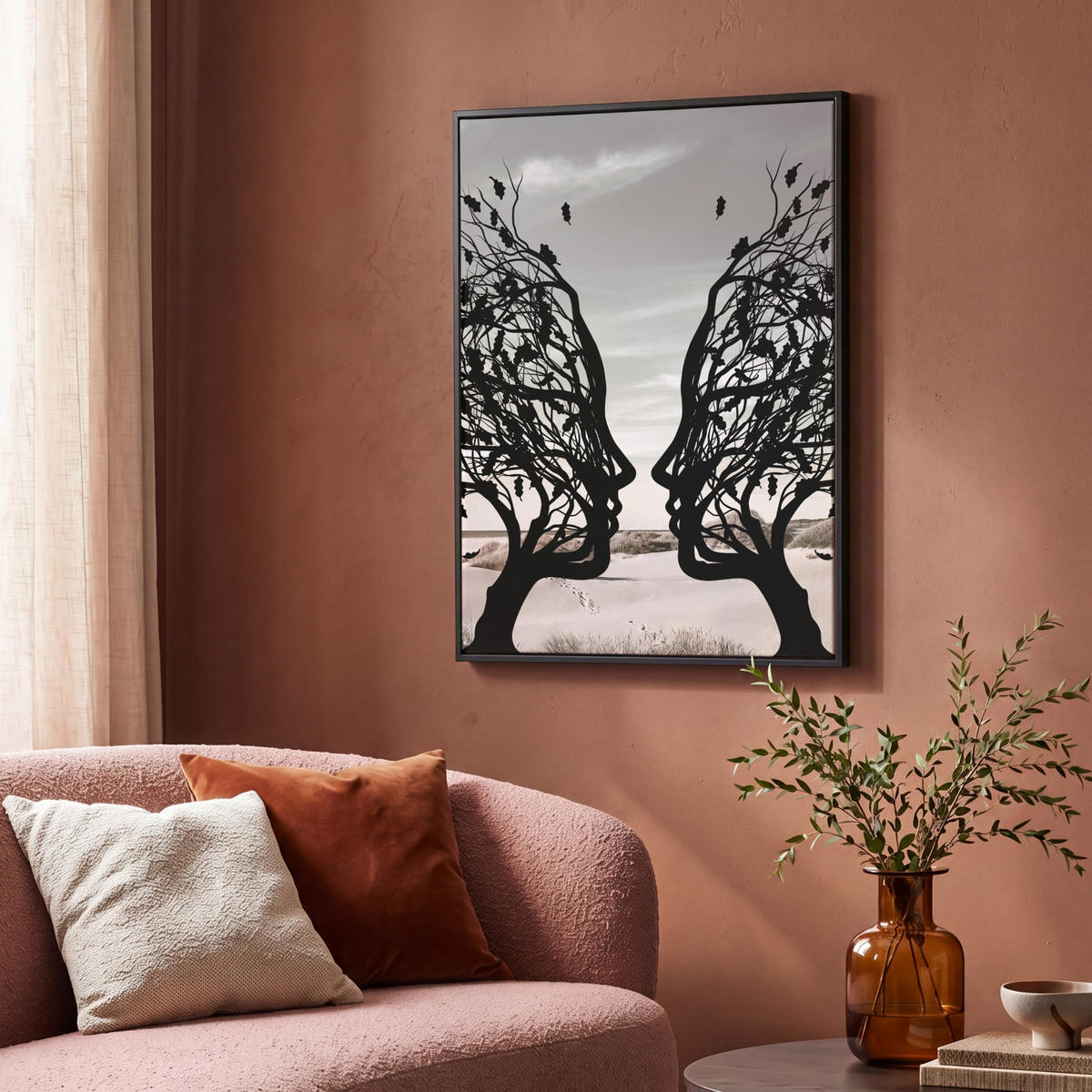 LEINWAND Bilder mit Rahmen - Strand - Meer - Menschen - Baum - Moderne Kunst - 70x100 - Hellgrau, Textil (70/100cm) - MuchoWow