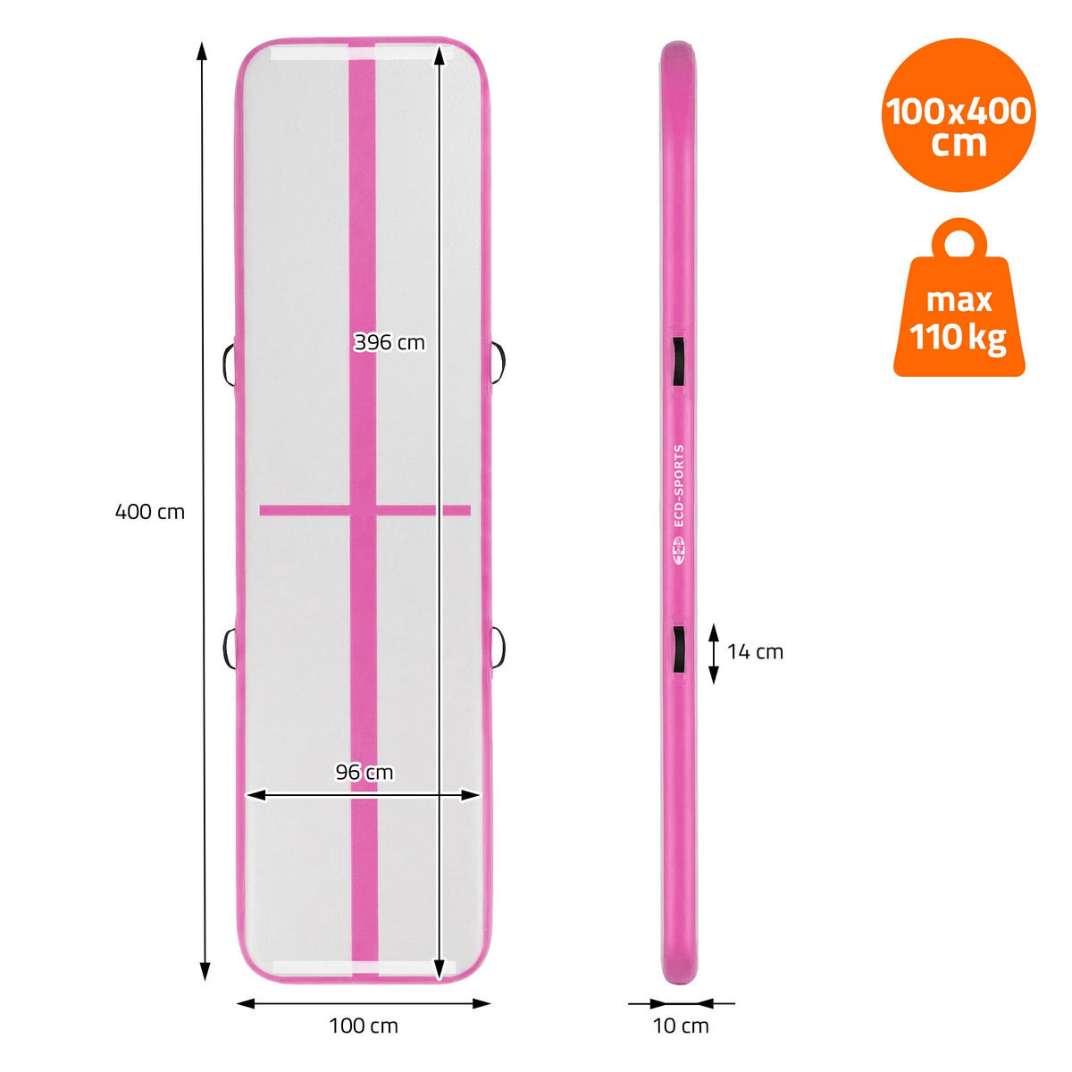 NAFUKOVACÍ gymnastická podložka Airtrack 400x100x10 cm růžová - růžová, plast (100/400cm) - ECD-Germany