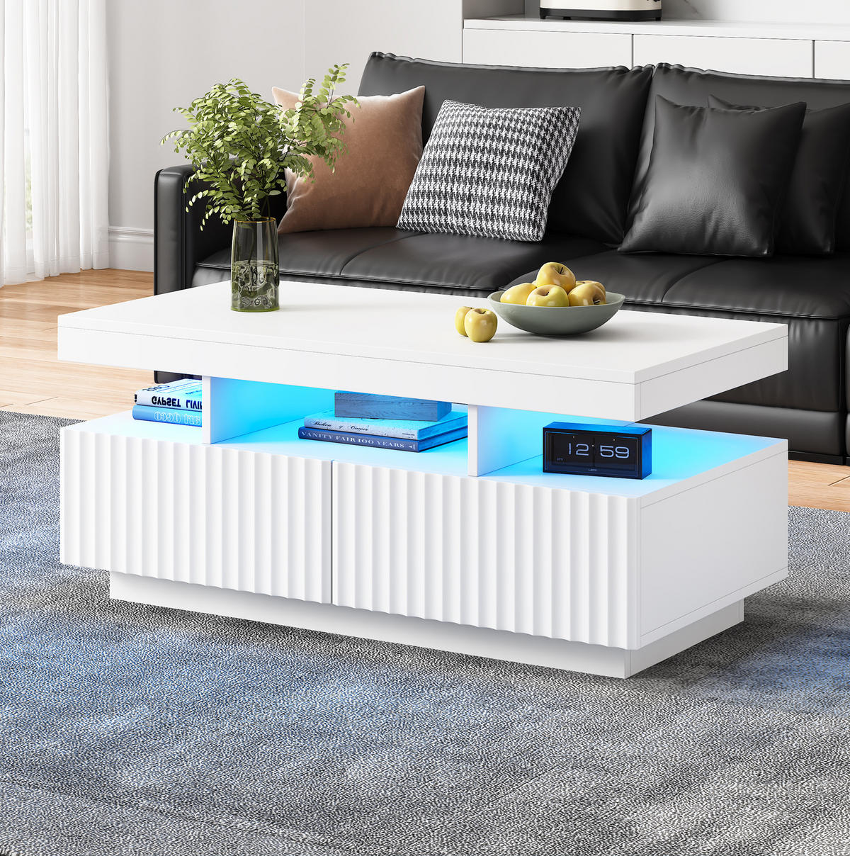 COUCHTISCH 100/50/45 cm mit 2 Schubladen, LED-Beleuchtung und offener Ablage aus Spanplatte, Weiß - Weiß, Holzwerkstoff (100/50/45cm) - Modfu