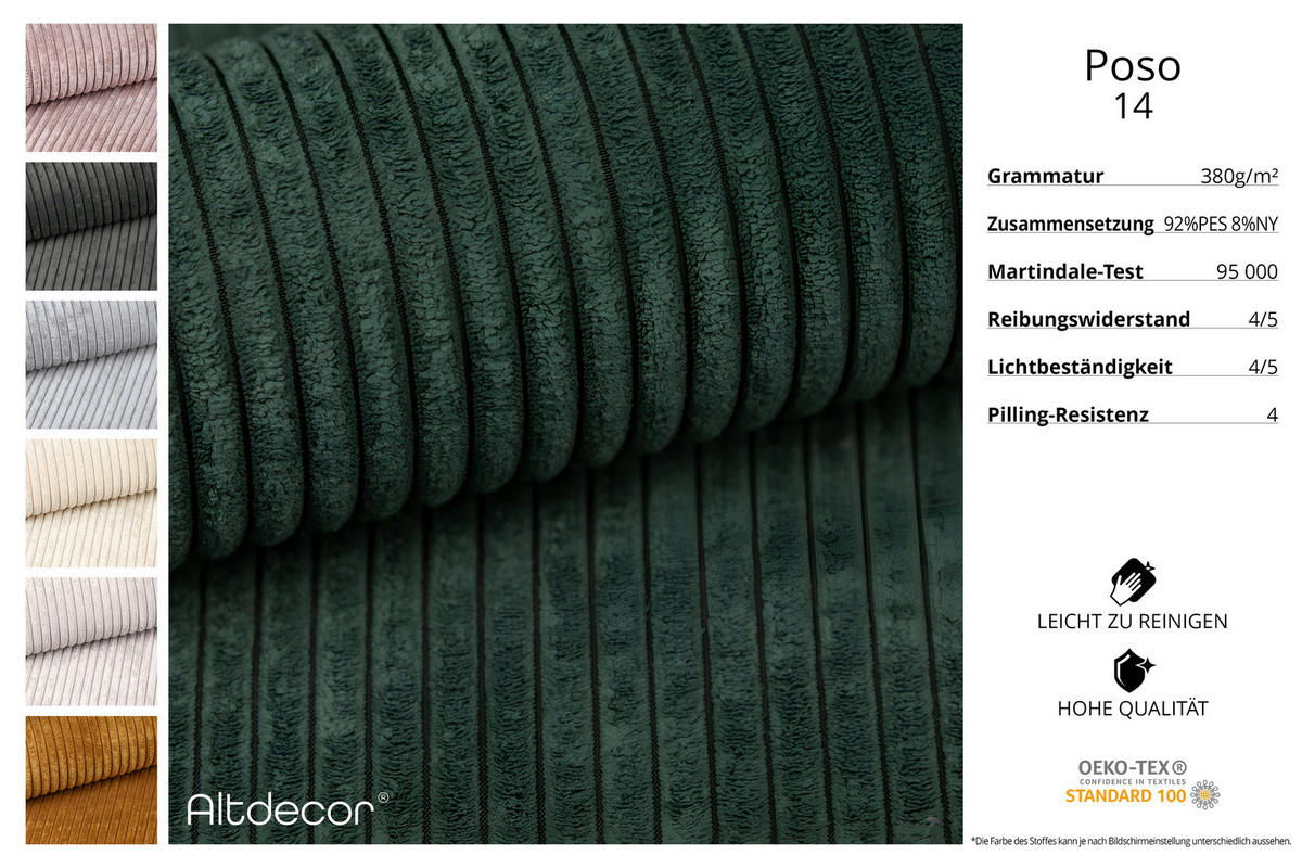 ECKSOFA Ottomane Rechts SERRA-L - 266x165x73 cm Grün Cord - Schwarz/Grün, Holzwerkstoff/Kunststoff (266/165cm) - ALTDECOR