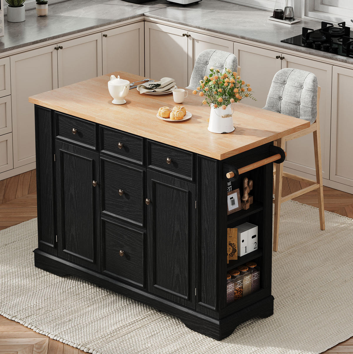 KUCHYŇSKÝ ostrůvek 130,5/40-65/92 cm s rozkládací pracovní deskou, úložným prostorem a nabíjecí stanicí, Černá - černá, kompozitní dřevo (130.5/92/65cm) - Redom