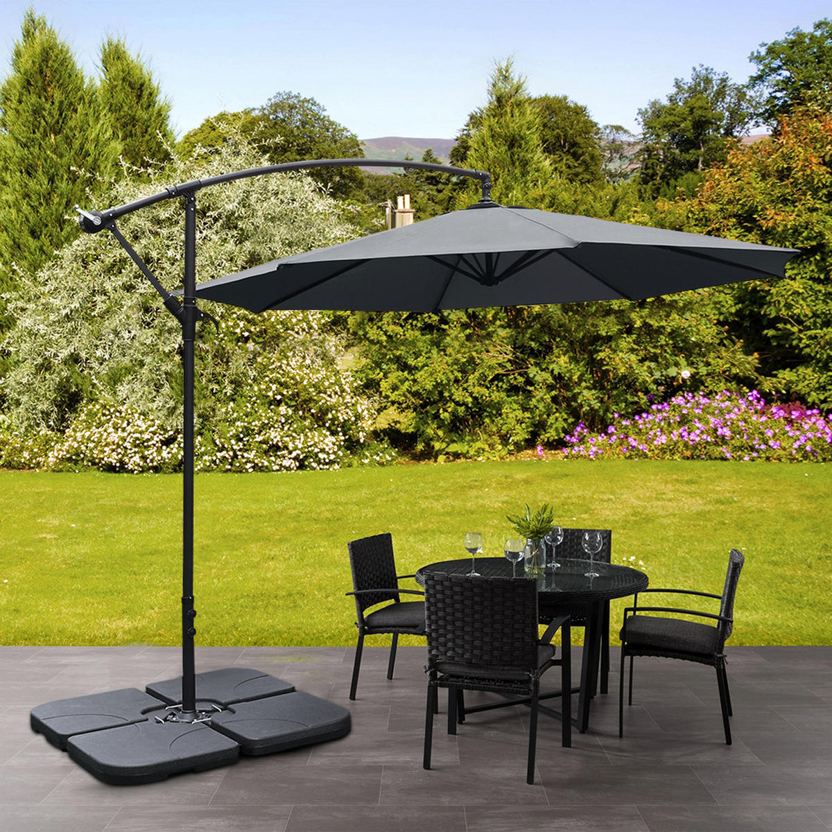 AMPELSCHIRM aus Polyester Metall in Dunkelgrau mit befüllbarer Kunststoff-Sockel und Kreuzständer drehbar 360° neigbar 60° 3 x 2.6m - Dunkelgrau, Metall (300/240cm) - Livingandhome