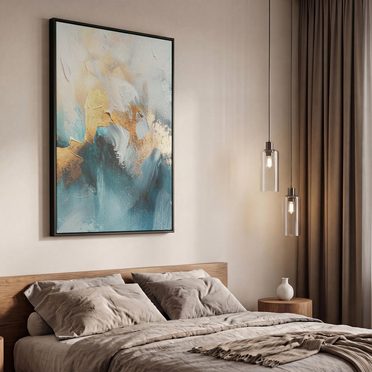 LEINWAND Bilder mit Rahmen - Abstrakt - Kunst - Gold - Blau - 60x90 - Petrol, Textil (60/90cm) - MuchoWow