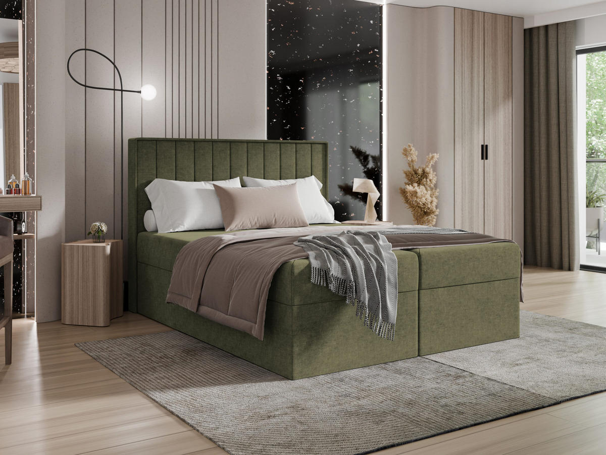 BOXBETT - Taschenmatratze + Topper 160x200 olivgrün Chenille - Olivgrün, Holz/Holzwerkstoff (160/200cm) - SIMKAM Furniture