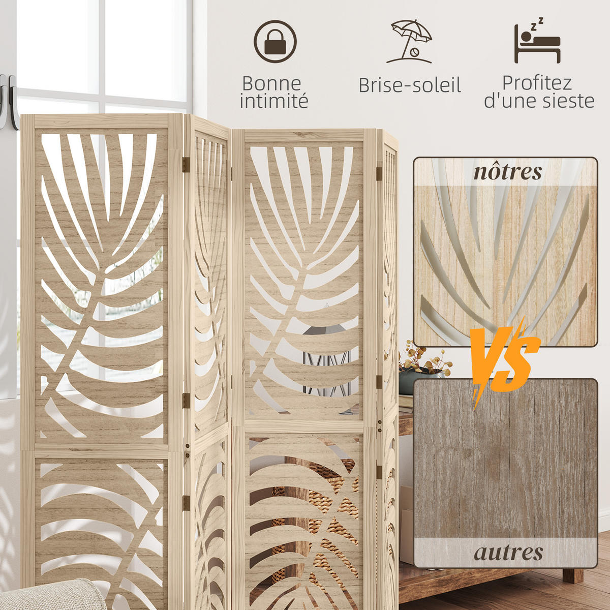 PARAVENT DE-14293 4-teilig, abnehmbare Segmente, Palmblatt-Motiv Natur - Naturfarben, Holz (160/170/1.7cm) - ComfortXL