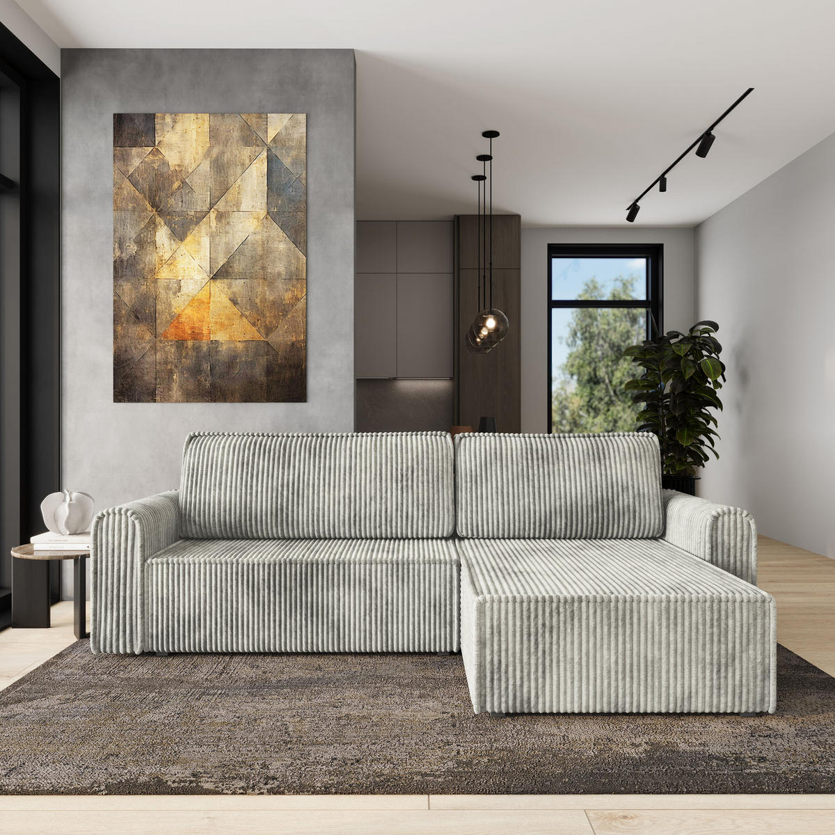 ECKSOFA VALTINO Hellgrau Kordstoff mit Schlaffunktion - Hellgrau, Holz (275/148cm) - MASSENO