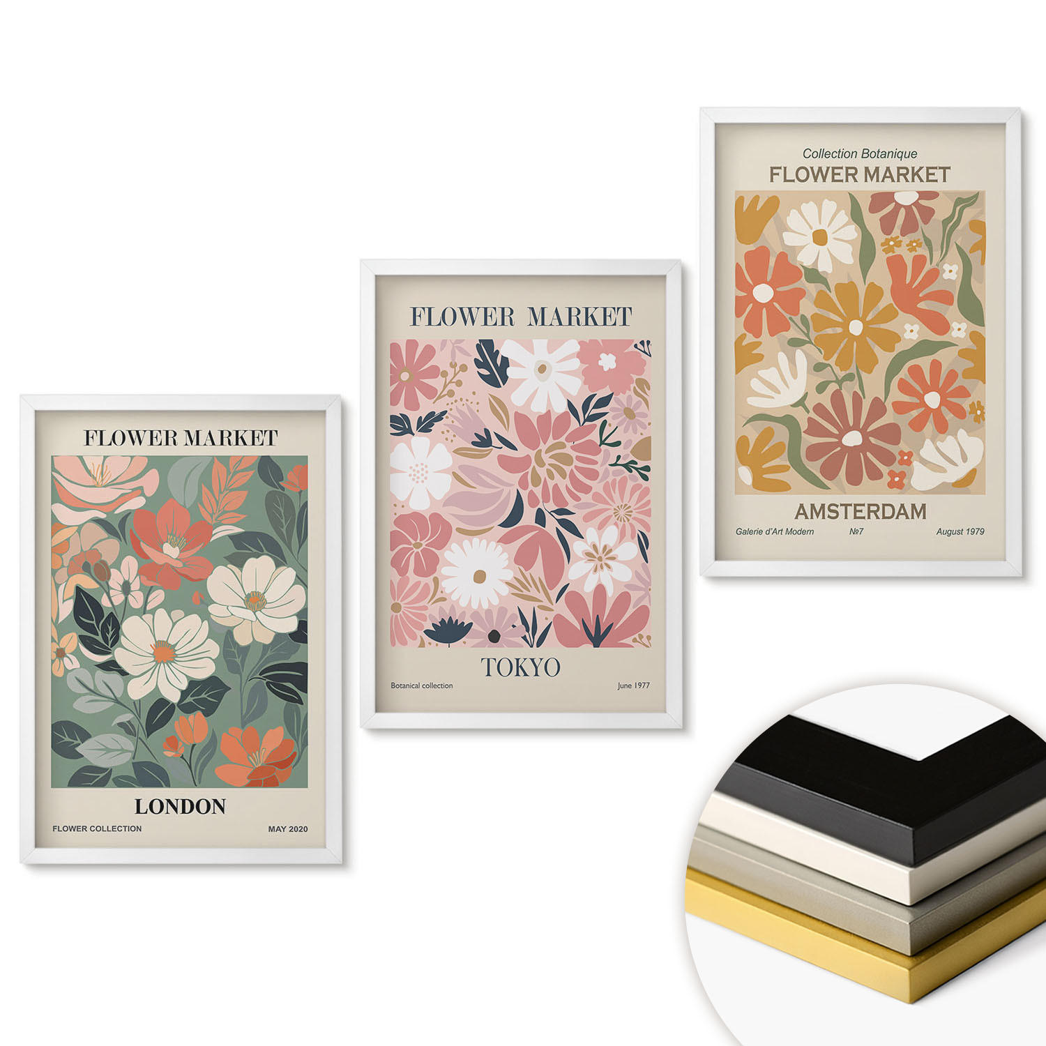 WANDBILDER 3er-Set - 40x60 cm Weißer Rahmen - Blumenmuster London Tokio Amsterdam - Weiß, Kunststoff (40/60cm) - ArtPrintCave