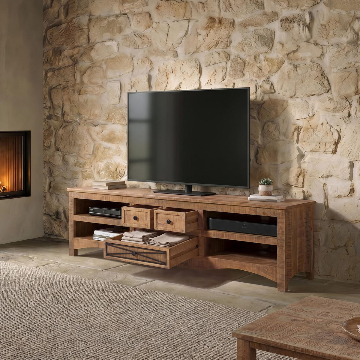 TV-BOARD Akazie 180x50x50 natur versiegelt NATURE OF SPIRIT #218 - Naturfarben, Holz (50/50/180cm) - Massivmoebel24