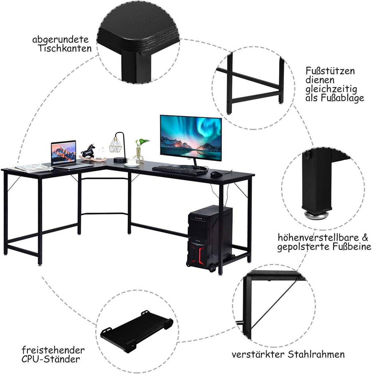DATORBORD Svart - Svart, Träbaserade material (125.5/167.5/73.5cm) - COSTWAY