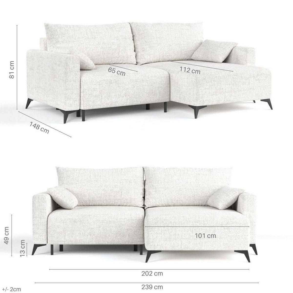 ECKSOFA NUVIO mit Schlaffunktion Grau im Neve Stoff - Schwarz/Grau, Holz/Holzwerkstoff (239/148cm) - AltaBeds