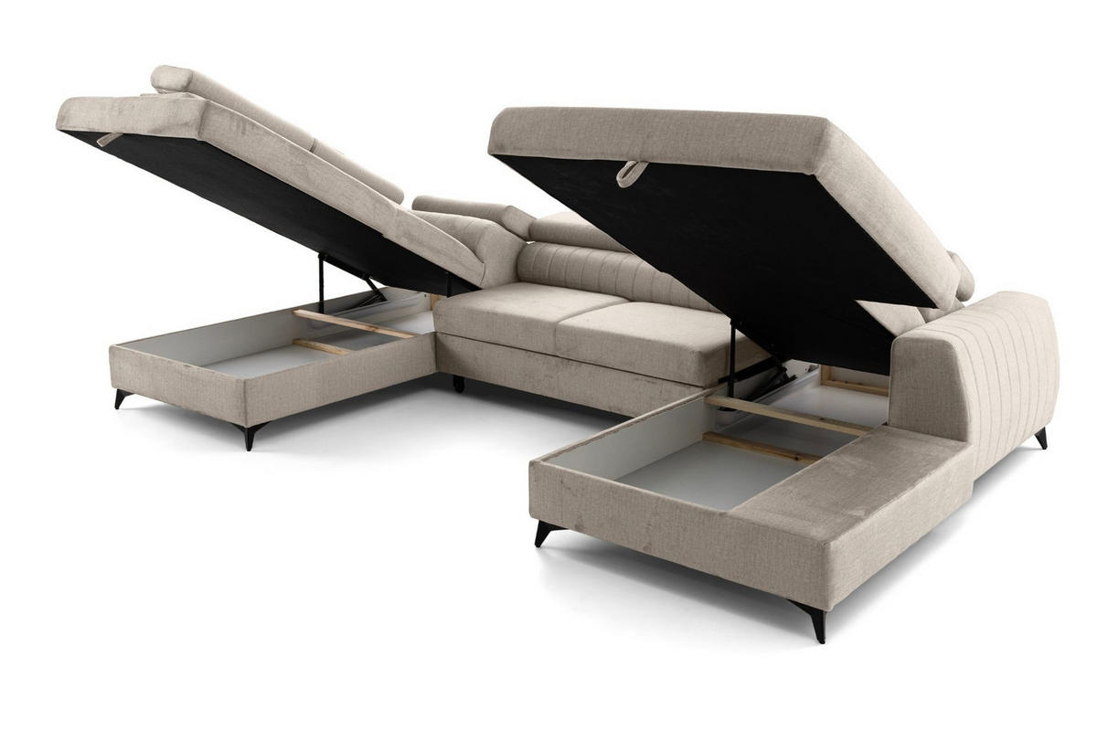 ECKSOFA U-Form PIERO U Links mit Schlaffunktion 125x260 Velours Creme - Creme/Schwarz, Holz/Textil (350/90/203cm) - Muffo