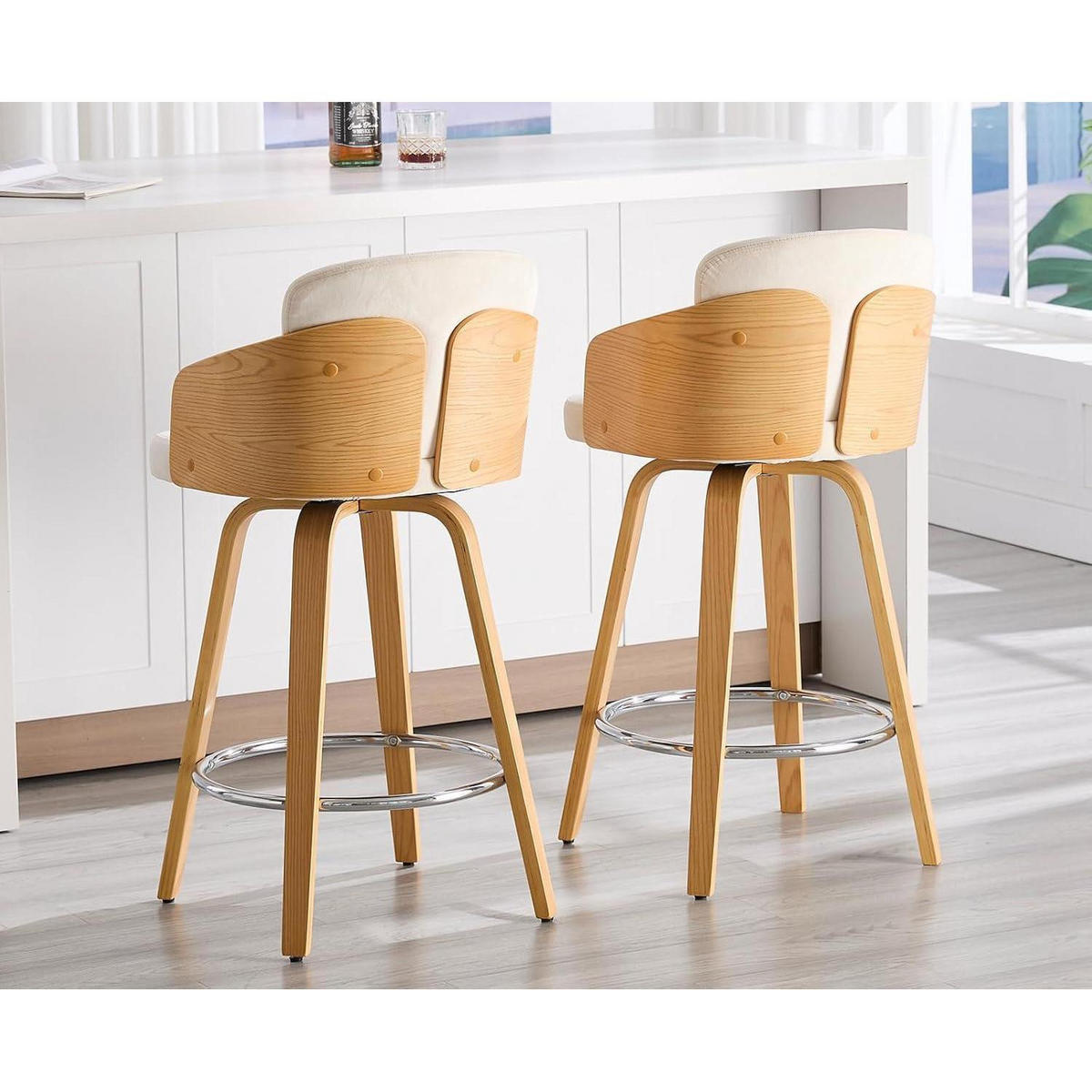 BARHOCKER 4er Set mit Holzbeinen und Samtbezug Beige - Creme, Textil (50/92.5/47.5cm)