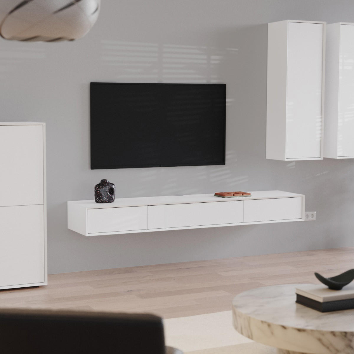 TV-MÖBEL mit 2 Abattants 43/200/22 cm - Weiß, Holzwerkstoff (43/22/200cm) - Calicosy