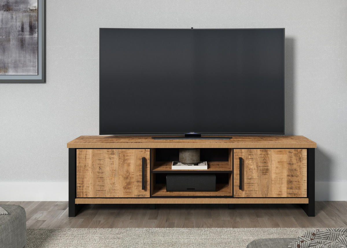 TV-LOWBOARD Mango, schwarz 166 cm, TV Unterteil mit viel Stauraum - Schwarz/Naturfarben, Holzwerkstoff/Kunststoff (166/50/45cm) - Top.Furn