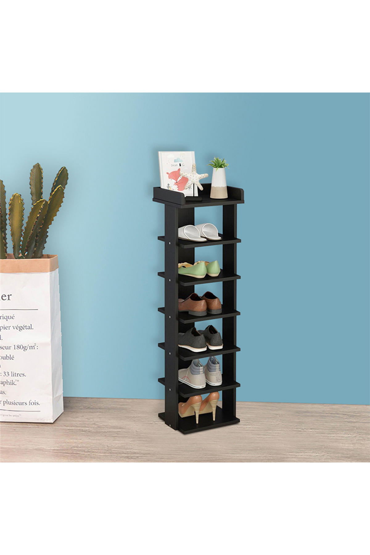 SCHUHREGAL 7-Stufige aus MDF in Schwarz Stabile Konstruktion Offene Ablage Platzsparendes Design 25 x 27 x 104 cm - Schwarz, Kunststoff (25/104/27cm) - Livingandhome