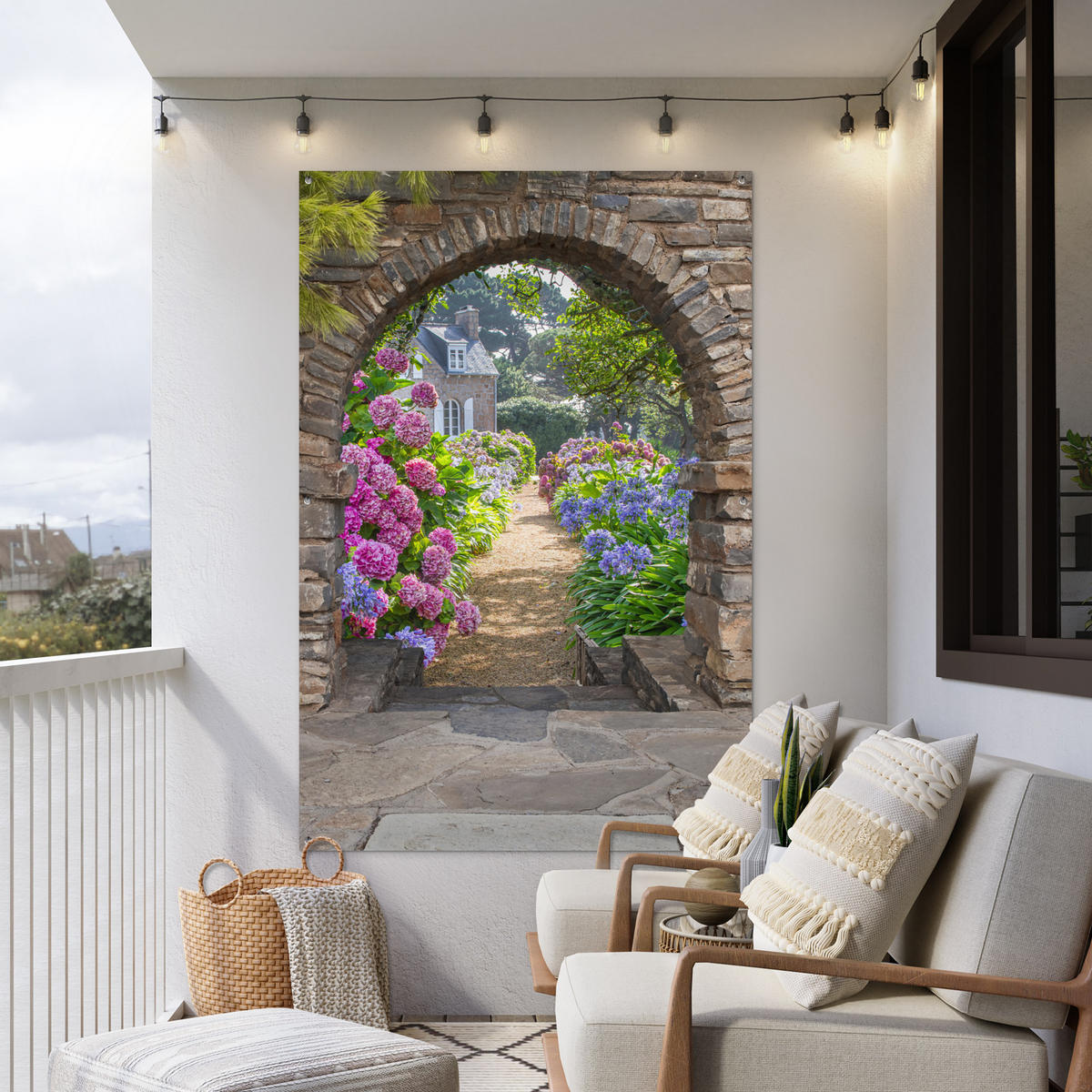 ZAHRADNÍ PLAKÁT Květiny - pohled - hortenzie - léto 120x180 cm - hnědá, plast (120/180/0.2cm) - OnlyWow