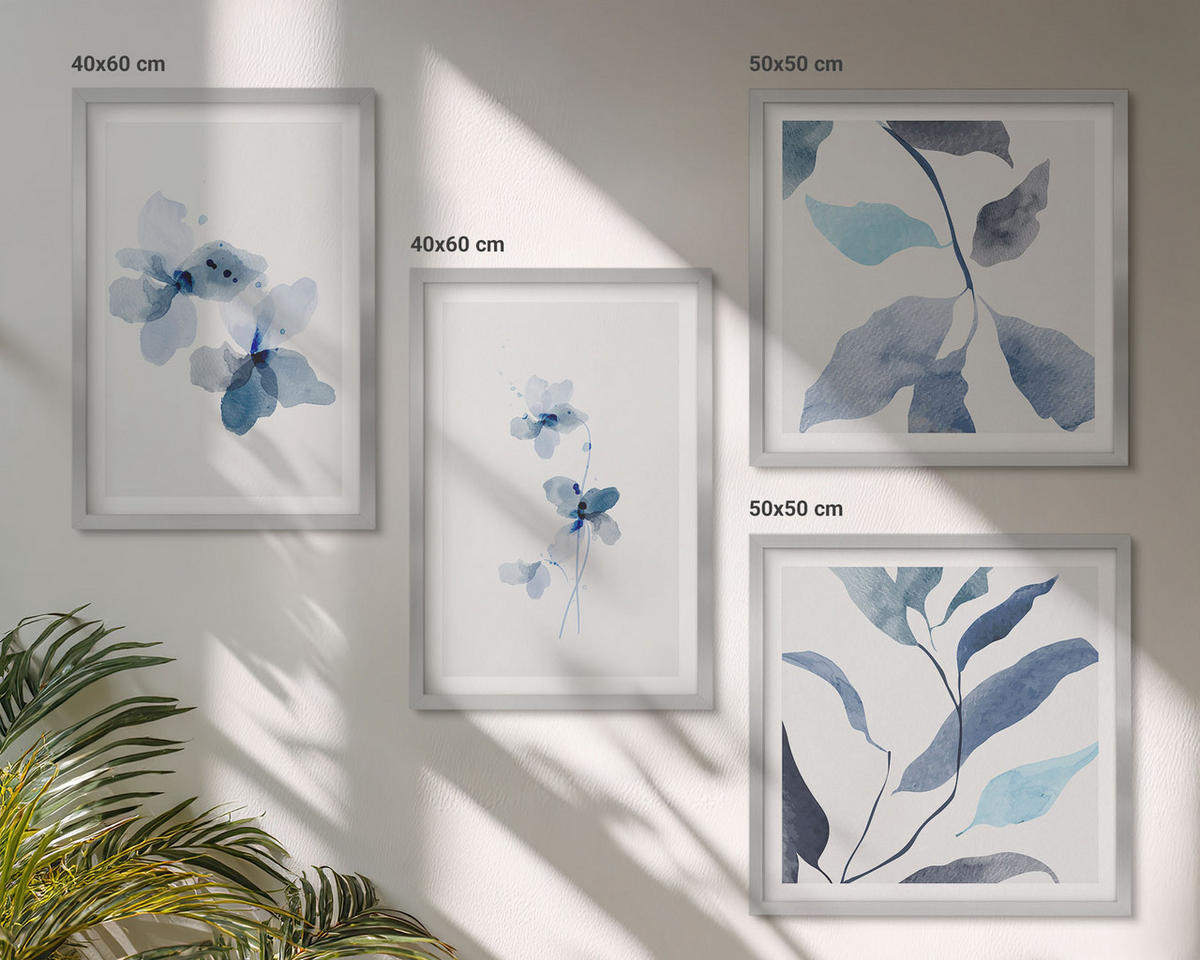 BILDER SET 4er Set - 50x50 cm & 40x60 cm Silberner Rahmen - Minimalistische blaue Blumen - Silberfarben, Kunststoff (50/50cm) - TULUP