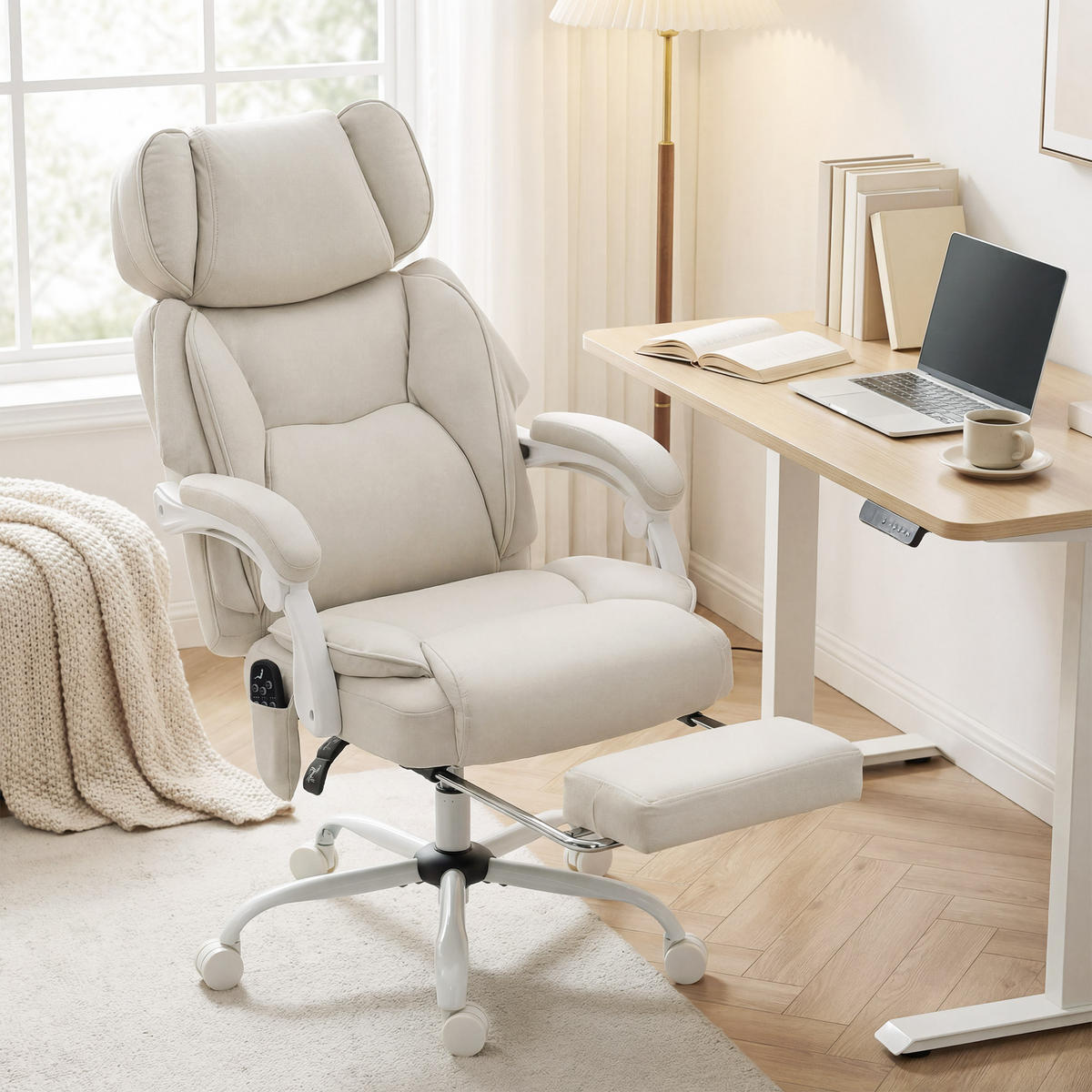 DREHSTUHL Massage Hochlehner Vibration Heizung neigbar Fußstütze Cremeweiß - Weiß, Textil (75.5/122.5/70cm)