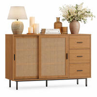 SIDEBOARD aus Spanplatte 140x37x91 cm Natur mit Rattan-Schiebetüren und 3 Schubladen - Naturfarben, Holzwerkstoff (140/91/37cm) - IVMEU