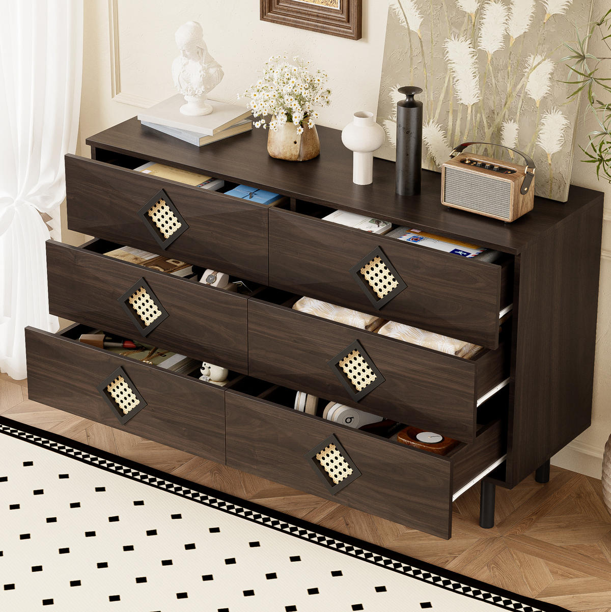 KOMMODE, 6 Schubladen, mit Rattan-Griffen und Metallbeinen – geräumig & modern, 120x40x74 cm, Walnussfarben - Naturfarben, Holzwerkstoff (40/74/120cm) - Modfu