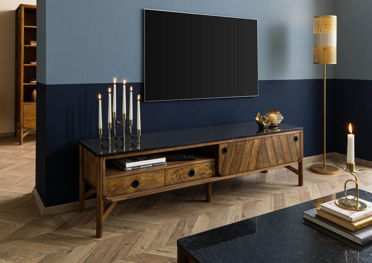 TV-BOARD Mango 180x45x50 braun geölt / dunkler Granit LOS ANGELES #102 - Braun, Holz (180/50/45cm) - Massivmoebel24