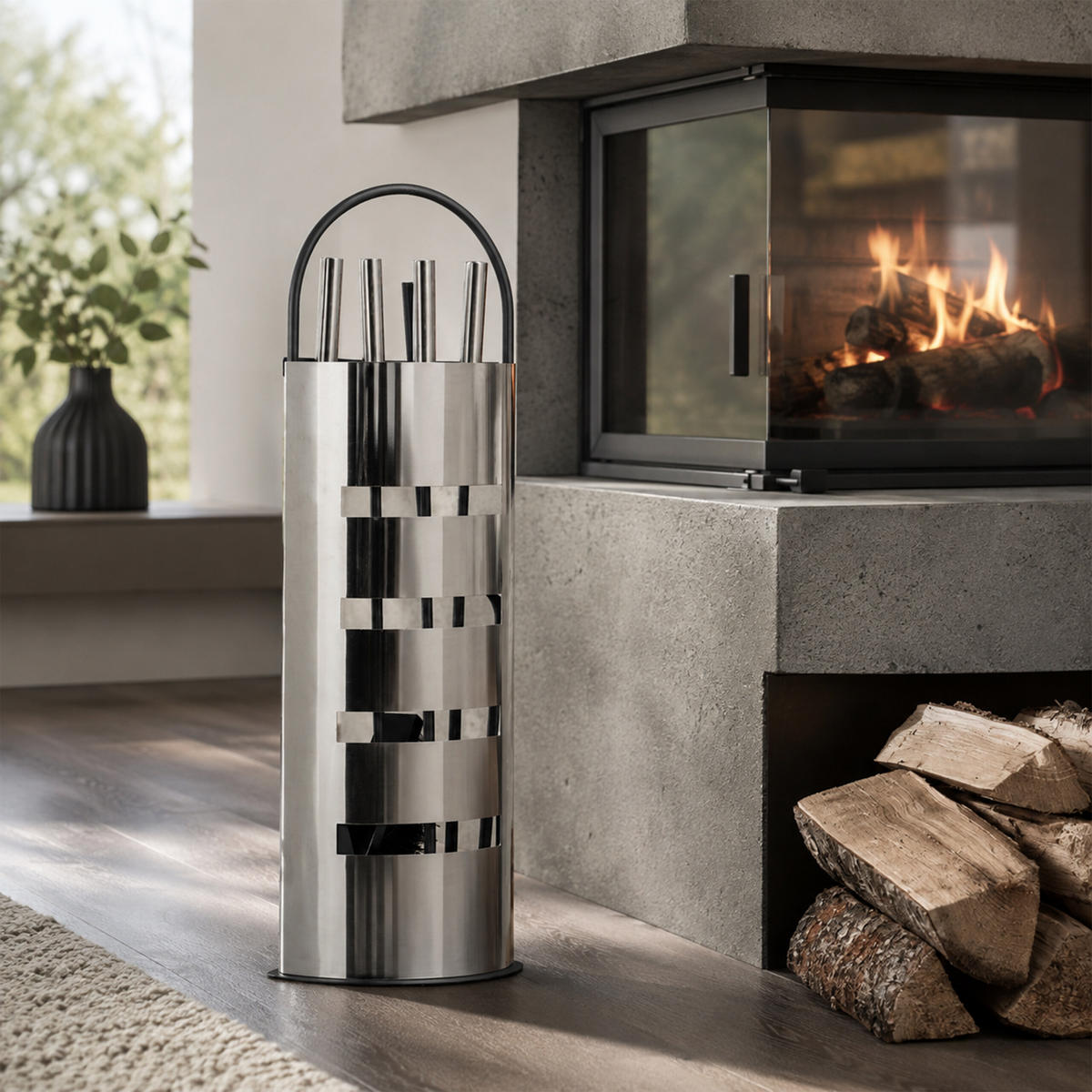 KAMINBESTECK Silber 5-tlg. Edelstahl 66 cm - Silberfarben, Metall (23/66/15cm) - Relaxdays
