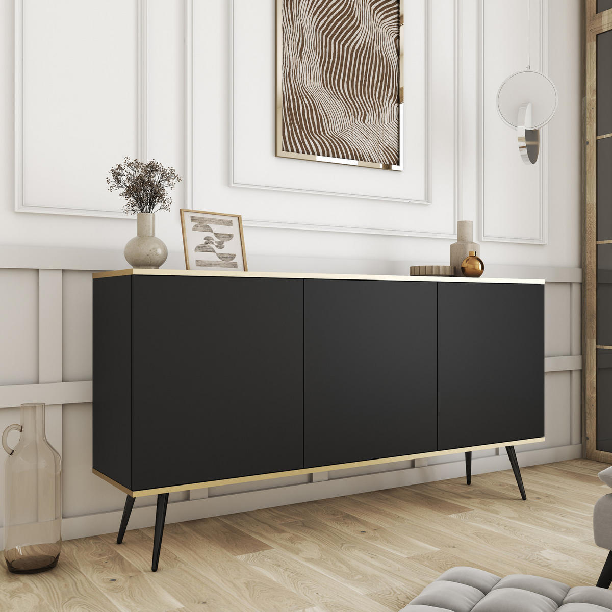 KOMMODE FORNO (Schwarz, Goldene Details, 3 Türen, schwarze Metallfüße) - Schwarz, Holz/Holzwerkstoff (160/85/39cm) - Ravio