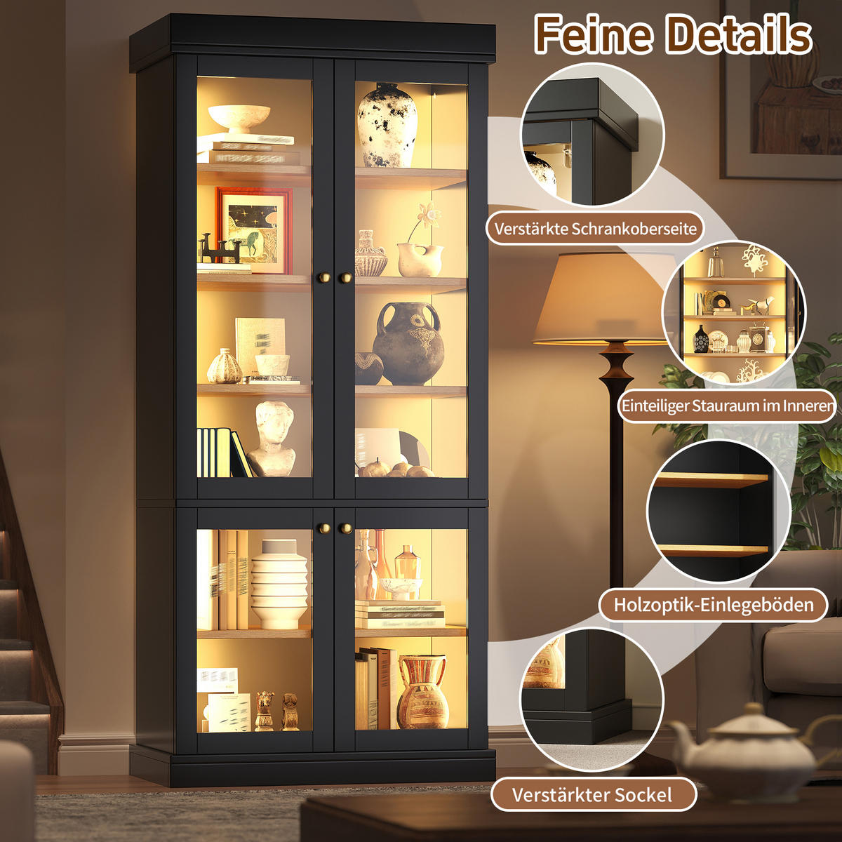 VITRINE LED Glasfront Schwarz - Schwarz, Glas (80/180/40cm) - FLIEKS