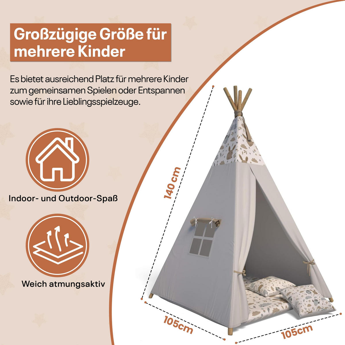 TIPI-ZELT 105 x 105 x 140 cm Grau Tierchen mit weichen Kissen | Spielzelt für Kinderzimmer Indoor - Creme, Textil (105/105cm) - Best for Kids
