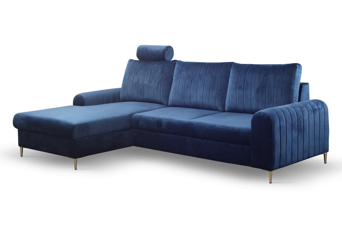ECKSOFA VERONA L-S Blau Velours-Stoff mit Schlaffunktion - Blau, Holz (251/164cm) - MASSENO
