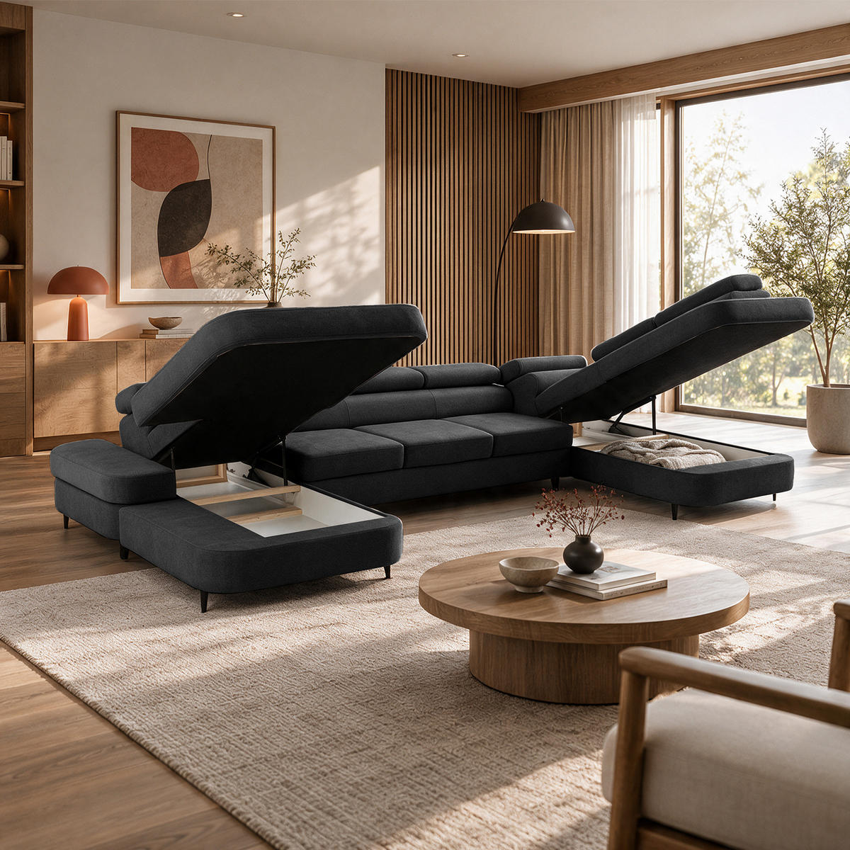 ECKSOFA U-Form PRIAM MAXI U Rechts mit Schlaffunktion 125x317 Velours Dunkelgrau - Dunkelgrau/Schwarz, Holz/Textil (400/91/203cm) - Muffo