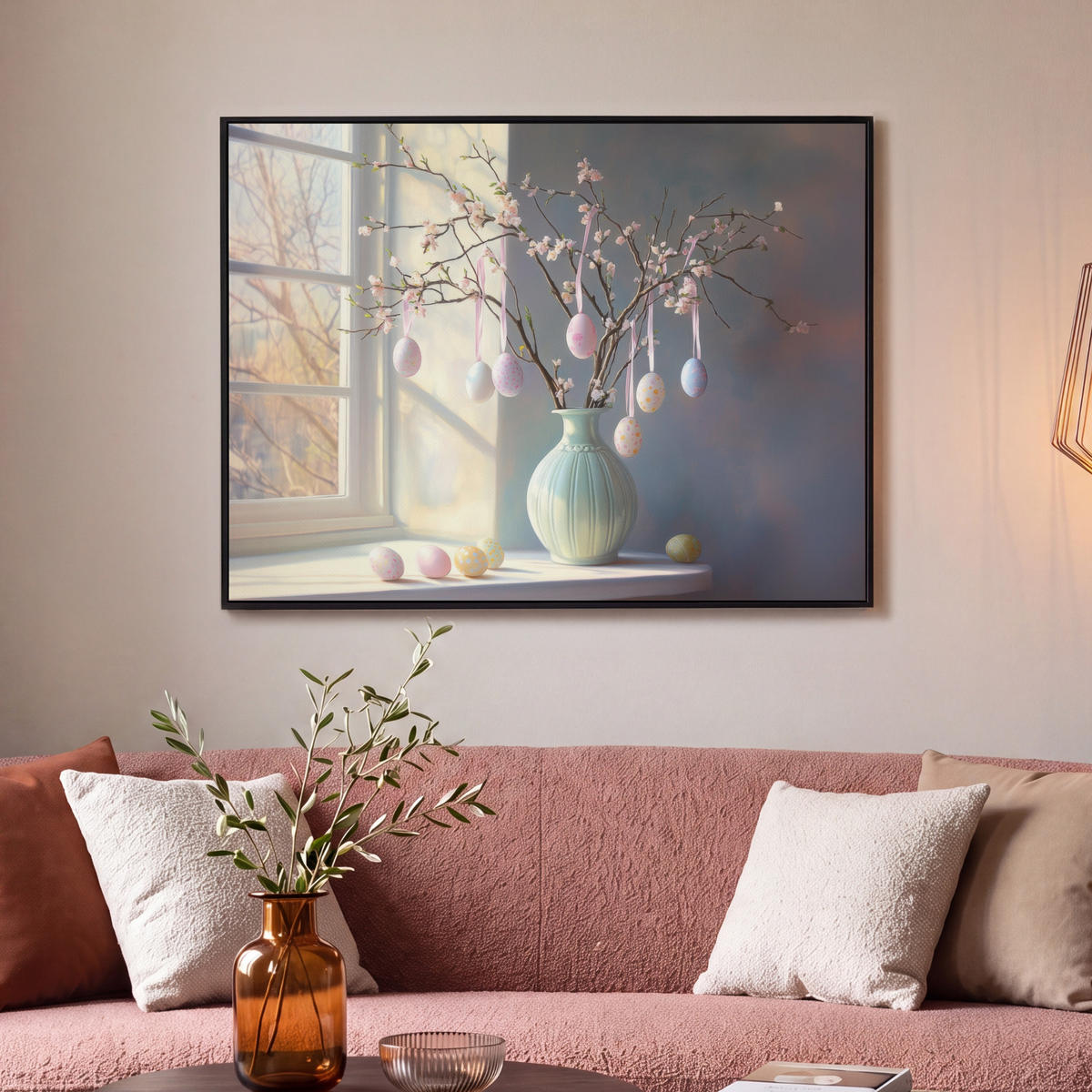 LEINWAND Bilder mit Rahmen - Stillleben - Vase - Osterzweig - 100x70 - Hellblau, Textil (100/70cm) - MuchoWow