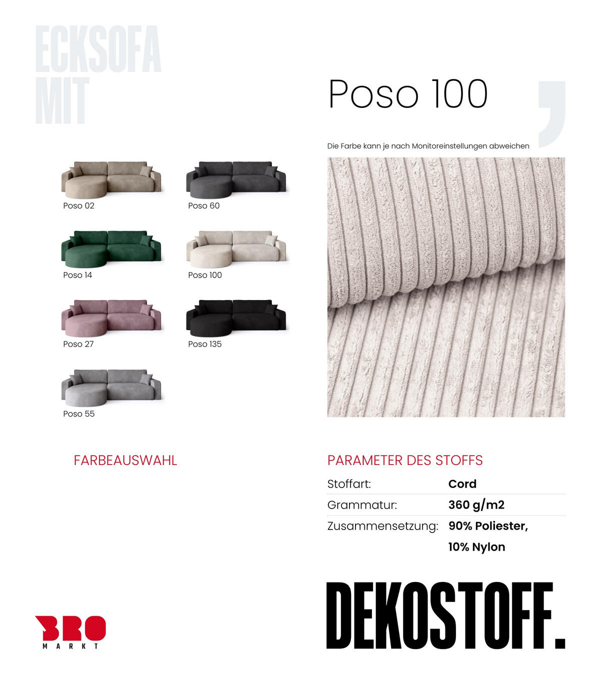ECKSOFA Bisk mit Schlaffunktion Vanille Cordstoff - Creme, Textil (275/170cm) - Bromarkt