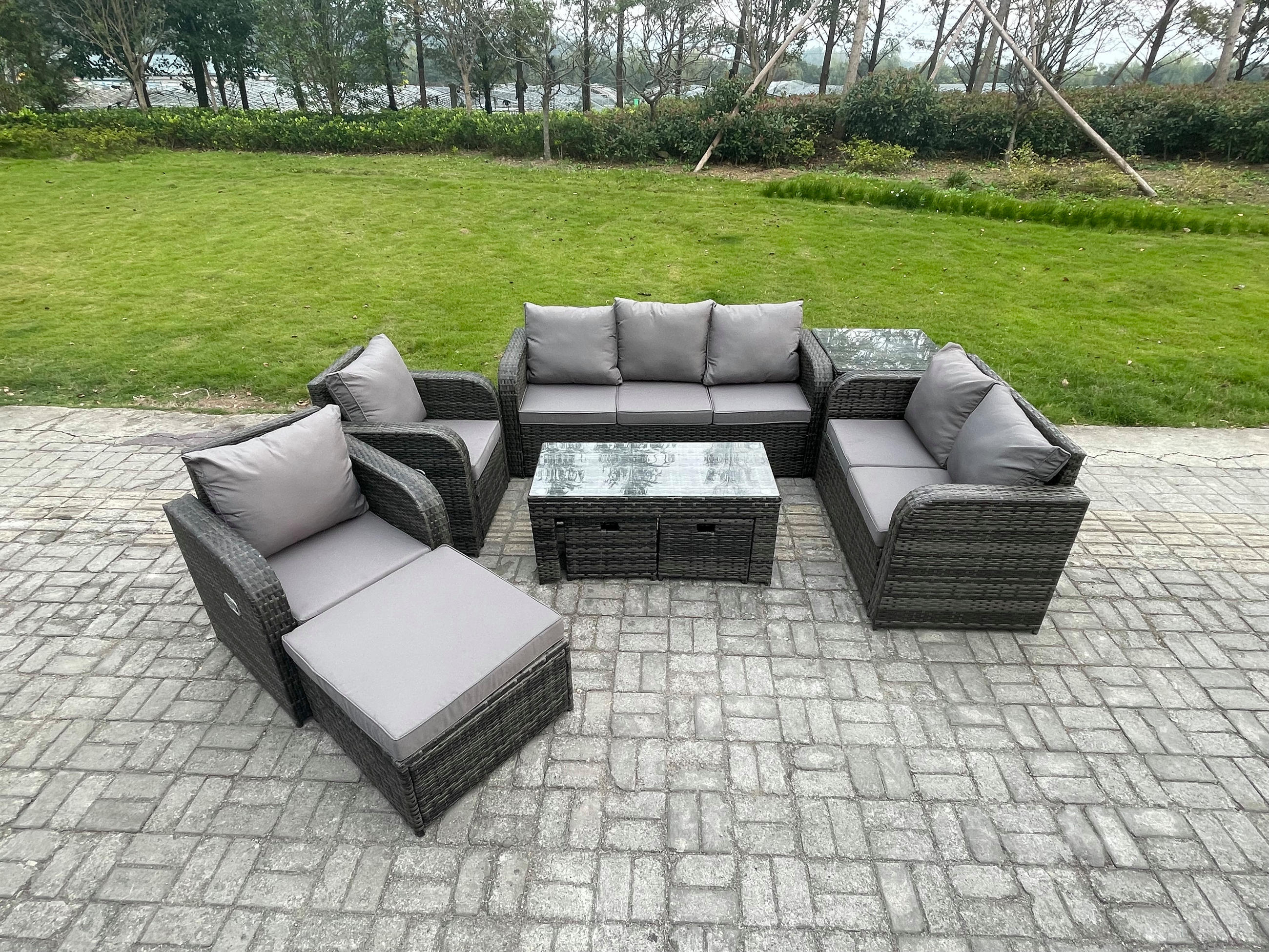 GARTENSOFA SET mit rechteckigem COUCHTISCH Polyrattan 10-Sitzer Dunkelgrau - Dunkelgrau/Grau, Glas/Kunststoff - Fimous
